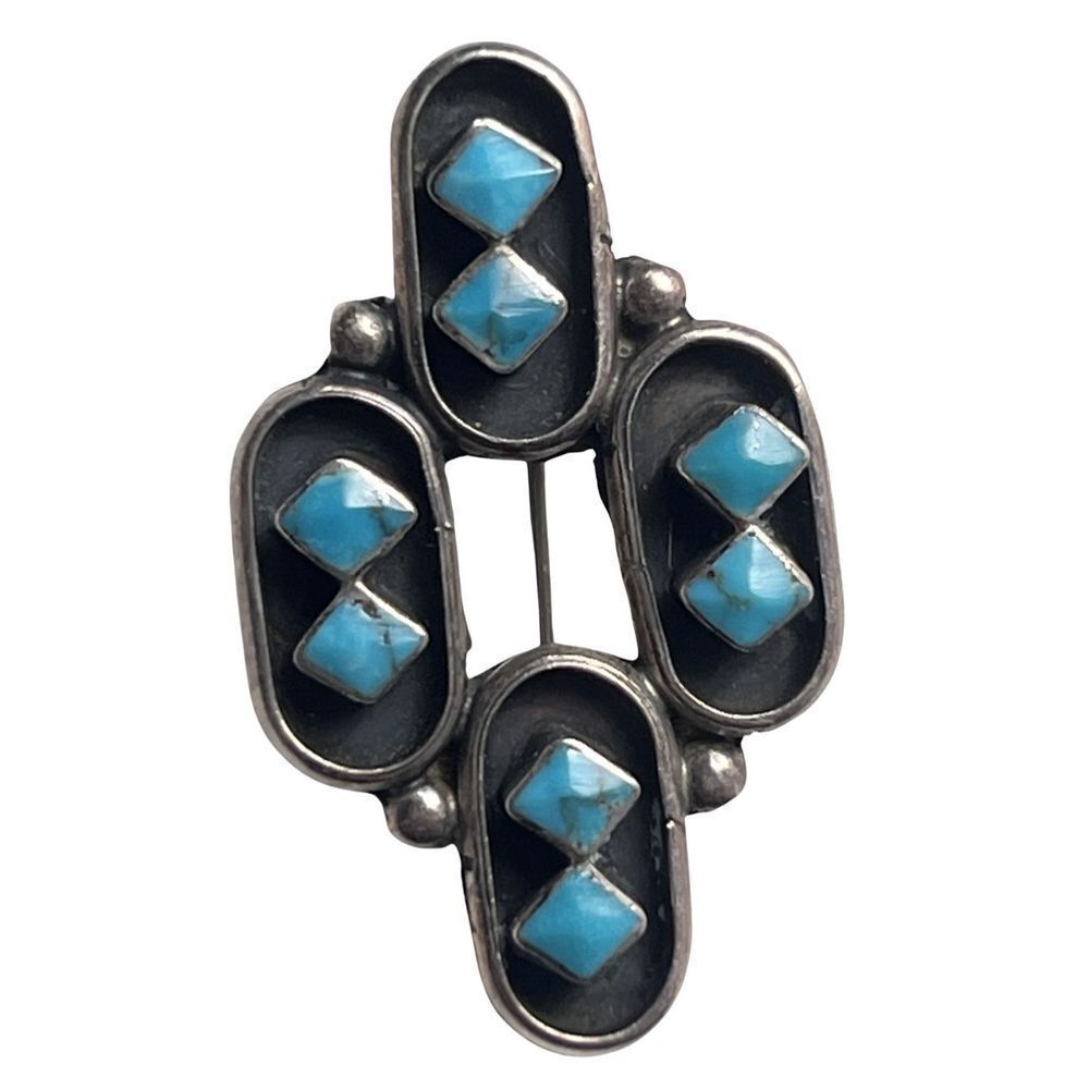 Vintage Old Pawn Native American Sterling Turquoise Cluster Brooch Pin Jewelry